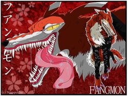 4:3 ambiguous_gender bandai_namco belt bodily_fluids canid canine digimon digimon_(species) digitigrade fangmon feral fur japanese_text long_tongue mammal multiple_angles pupils quadruped red_body red_fur red_theme saliva simppukka slit_pupils solo tail teeth text tongue tongue_out wallpaper warm_colors yellow_eyes