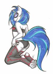 anthro anthrofied biped blue_hair breasts cutie_mark deadmau5 deejayhan equid equine equine_legs eyewear female friendship_is_magic goggles hair hasbro hi_res hooves horn kneeling long_hair mammal mane my_little_pony mythological_creature mythological_equine mythology pinup pose short_hair small_breasts solo tail unicorn vinyl_scratch_(mlp)