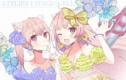  2girls animal_ears atelier_(series) atelier_lydie_&amp;_suelle bikini blush bow bowtie breasts cat_ears earrings flower frilled_bikini frills green_bikini hairband holding holding_water_gun hydrangea jewelry kuromame_(honey_728) long_hair looking_at_viewer lydie_marlen multiple_girls open_mouth pink_eyes pink_hair purple_bikini short_hair siblings sisters small_breasts smile suelle_marlen swimsuit twins upper_body water_gun 