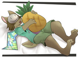  absurd_res anthro bottomwear brown_body brown_fur brown_hair clothing food fruit fur green_bottomwear green_clothing green_hoodie green_shorts green_topwear hair hi_res holding_object hoodie lying male mammal mask on_back oumseven pineapple plant purple_clothing purple_shirt purple_topwear shirt shorts smile solo topwear unknown_species wings 