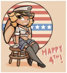  4th_of_july american_flag anthro blonde_hair bottomwear breasts captain_hat chair cleavage clothed clothing dialogue english_text eyeball6300_(chiv) female footwear fully_clothed fur furniture garter_straps hair hat headgear headwear holidays hotpants lagomorph legwear leporid looking_at_viewer mammal medium_breasts navel navy_uniform pinup pose rabbit shoes shorts sitting smile solo stockings stool tan_body tan_fur text united_states_of_america yellow_eyes 