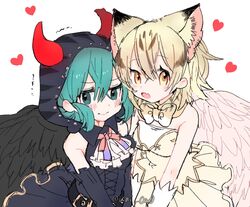  2girls alternate_costume angel angel_wings animal_ear_fluff animal_ears animal_print bare_shoulders belt black_wings blonde_hair blue_eyes blue_hair blue_headwear blue_skirt blush bow bowtie cat_ears cat_print collar commentary_request demon_costume demon_horns demon_wings detached_sleeves embarrassed extra_ears feathered_wings frilled_collar frilled_skirt frills gloves gradient_ribbon hair_between_eyes heart highres hood horns kemono_friends kemono_friends_festival light_brown_hair multicolored_hair multiple_girls neck_ribbon noamem oerba_yun_fang official_alternate_costume open_mouth pink_ribbon print_bow print_bowtie purple_ribbon ribbon sand_cat_(kemono_friends) short_hair skirt sleeveless snake_print studded trembling tsuchinoko_(kemono_friends) white_gloves white_wings wings wrist_cuffs yellow_eyes 