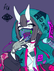  alternate_costume barcode black_hair black_jacket bob_cut choker collarbone cyberpunk ear_piercing fate/grand_order fate_(series) female gloves grey_eyes highres hood hood_up hooded_jacket horns jacket logo looking_at_viewer mask mouth_mask oni open_clothes open_jacket open_mouth partially_fingerless_gloves piercing purple_background see-through see-through_jacket see-through_mask see-through_shirt shirt short_eyebrows short_hair shuten_douji_(fate) simple_background skin-covered_horns smile solo tongue tongue_out upper_body v-neck white_shirt whitebell516 