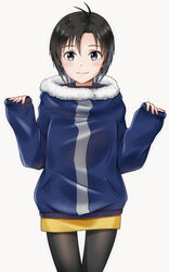  antenna_hair black_eyes black_hair black_pantyhose blue_sweater commentary cowboy_shot fashion female fur-trimmed_sweater fur_trim highres idolmaster idolmaster_(classic) idolmaster_2 idolmaster_million_live! idolmaster_million_live!_theater_days kikuchi_makoto long_sleeves looking_at_viewer mogskg pantyhose short_hair skirt sleeves_past_wrists smile solo standing sweater thigh_gap yellow_skirt 