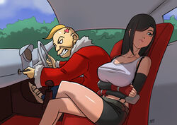  1boy arms_under_breasts arrow_through_heart bare_shoulders black_hair black_skirt blonde_hair breasts car_interior cleavage closed_mouth commentary commission crop_top crossed_legs don_corneo english_commentary female final_fantasy final_fantasy_vii gloves hair_over_one_eye head_tattoo heart heart_tattoo key kukuruyo large_breasts long_hair looking_away mohawk red_gloves short_hair skirt smile steering_wheel tattoo teeth tifa_lockhart 