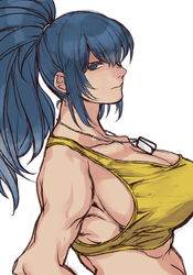  bare_shoulders biceps blue_eyes blue_hair breasts crop_top dog_tags female large_breasts leona_heidern midriff muscular muscular_female ponytail simple_background solo tank_top the_king_of_fighters upper_body yasunososaku yellow_tank_top 