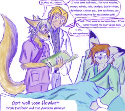  2023 anthro azee_(links) belt bonding canid canine canis collar colored coyote doctor english_text farfener female fur get_well_soon_card group hair happy hi_res holding_notebook holding_upside_down howlart human insane links looking_at_viewer looking_worried luke_(links) male mammal medical_examination medical_instrument medical_malpractice notebook nurse patient protective rune scientific_instrument shiyan_(links) sibling_(lore) sister_(lore) slave smile stethoscope text tired trio uhoh wolf 