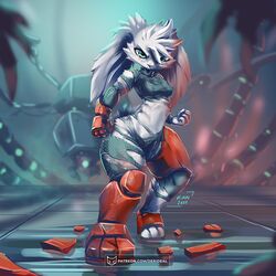  1:1 2020 angry anthro armor artist_name bottomwear broken_armor clothing derideal detailed_background digital_media_(artwork) eyeliner female fighting_pose full-length_portrait fur hair head_tuft hi_res huge_hips kiaun lagomorph leporid looking_at_viewer machine makeup mammal midriff nova_(xen) pants patreon portrait pose rabbit robot science_fiction scratches shaded short_tail solo spiky_hair tail text thick_thighs torn_bottomwear torn_clothing torn_pants tuft url white_body white_fur wide_hips 