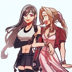  2girls abs aerith_gainsborough bangle bare_shoulders belt black_gloves black_hair black_skirt black_sports_bra black_thighhighs bracelet braid braided_ponytail breasts brown_hair choker collarbone cowboy_shot crop_top cropped_jacket dress earrings elbow_gloves elbow_pads final_fantasy final_fantasy_vii final_fantasy_vii_remake fingerless_gloves flower_choker gloves green_eyes hair_between_eyes hair_ribbon hand_on_another&#039;s_arm highres jacket jewelry large_breasts locked_arms long_dress long_hair looking_at_another low-tied_long_hair lower_teeth_only medium_breasts midriff miniskirt multiple_girls navel open_mouth parted_bangs parted_lips pink_dress pink_ribbon pleated_skirt profile red_eyes red_jacket ribbon seilidare shirt short_sleeves sidelocks simple_background single_braid single_elbow_pad skirt sleeveless sleeveless_shirt smile sports_bra suspenders teeth thighhighs tifa_lockhart twitter_username underwear upper_teeth_only wavy_hair white_shirt zettai_ryouiki 