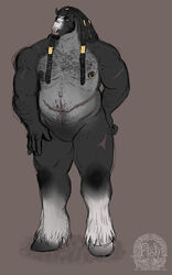  abdominal_scar alassane_(fiskdisk) ankle_fluff anthro arm_scar belly black_hair body_hair chest_hair dreadlock_cuffs dreadlocks equid equine fiskdisk fur hair hand_on_hip hand_on_leg happy_trail hi_res hooves horse leg_scar male mammal mature_anthro mature_male model_sheet multicolored_body multicolored_fur muscular muscular_anthro muscular_male nipple_piercing nipples nose_scar nude nude_male piercing scar serious serious_face solo 