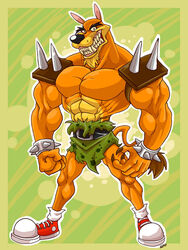 3:4 abs activision anthro armor arody belt biceps big_muscles biped black_nose claws clothed clothing crash_(series) dasyuromorph extinct fangs footwear fur hi_res looking_at_viewer male mammal marsupial metal muscular muscular_anthro muscular_male pecs pose recently_extinct_species shoes solo spikes standing teeth thylacine tiny_tiger topless wristband