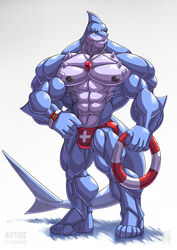 2012 abs anthro biceps black_nipples blue_body blue_skin clenched_teeth clothed clothing fish hi_res hyper male marine muscular muscular_anthro muscular_male nipples pecs piercing red_eyes shark simple_background smile solo swimwear tail teeth topless white_body white_skin wolfiecanem