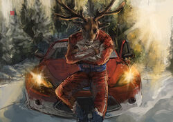 anthro antlers athletic athletic_anthro athletic_male car deer digital_media_(artwork) digital_painting_(artwork) hooves horn male mammal outside pilot racoonwolf rally_(sport) rally_car rally_pilot rally_uniform snow solo sport vehicle