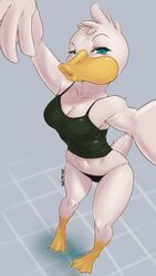 anatid anseriform anthro avian beak biped bird blue_eyes breasts camisole cleavage clothed clothing digital_media_(artwork) duck duckface feathers feet female g-string high-angle_view looking_at_viewer membrane_(anatomy) navel non-mammal_breasts raised_arm selfie shaded simple_background solo standing toes tokifuji underwear webbed_feet white_body white_feathers