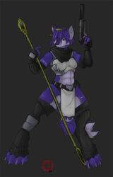 accessory anthro armor armwear blue_body blue_fur blue_hair canid canine claws clothing dipstick_tail elbow_gloves female fox fur gloves green_eyes hair hair_accessory hair_over_eye hairband handwear krystal_(star_fox) leg_warmers legwear mammal markings melee_weapon multicolored_tail nintendo one_eye_obstructed pav polearm ranged_weapon short_hair simple_background solo staff star_fox tail tail_markings weapon white_body white_fur