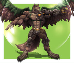 2013 abs anthro armor avian biceps biped black_claws blue_eyes brown_body brown_feathers brown_fur canid canine canis claws clothed clothing feathered_wings feathers feet fur green_body green_feathers hybrid male mammal muscular muscular_anthro muscular_male pecs pose solo standing talons toe_claws toes topless wings wolf wolfiecanem