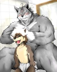 2013 4:5 abs anthro assisted_bathing bath biceps black_nose blush brown_body brown_fur canid canine canis chocobo4869 closed_eyes clothed clothing cousins_(lore) duo fangs fur grey_body grey_fur hair male mammal morenatsu multicolored_body muscular muscular_male nude open_mouth pecs pose scar shun_(morenatsu) size_difference soap teeth ten_kodori topless towel two_tone_body water white_body white_fur wolf