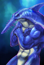 abs anthro athletic biceps biped blue_body blue_skin closed_eyes crossed_arms fish frown gills grey_body grey_skin gweek male marine muscular muscular_anthro nude pecs pose sawshark scar shark solo standing underwater vein water white_body white_skin