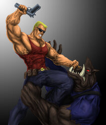 2012 abs angry anthro belt biceps blonde_hair bottomwear brown_body brown_fur clothing digital_media_(artwork) domestic_pig duke_nukem duke_nukem_(series) duo eyewear facial_piercing fight finfr0sk fur glasses gun hair handgun holding_gun holding_object holding_ranged_weapon holding_weapon human imminent_death male mammal muscular nose_piercing nose_ring pants pecs piercing pig_cop ranged_weapon red_eyes ring_piercing septum_piercing shirt suid suina sunglasses sus_(pig) tank_top teeth topwear torn_clothing tusks vein weapon