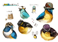 2sakae5 ambiguous_gender avian bird black_body black_eyes black_feathers black_hair blonde_hair blue_body blue_feathers bluebird bowler_hat chat_(bird) clothing eastern_bluebird feathered_wings feathers feral feralized footprint group grumpy hair hat headgear headwear himalayan_bluetail japanese_text jojo&#039;s_bizarre_adventure knife meme mountain_bluebird old_world_flycatcher orange_body orange_feathers oscine passerine purple_body purple_feathers saxicoline simple_background speech_bubble text thrush_(bird) translation_request what white_background white_body white_feathers wings yoshikage_kira yoshikage_kira_(jojolion)