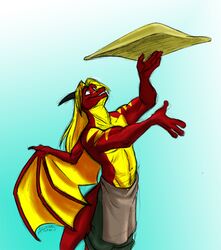 amonomega anthro athletic athletic_anthro athletic_male clothed clothing dragon european_mythology horn male membrane_(anatomy) membranous_wings mythological_creature mythological_scalie mythology pizza_dough scalie solo tail topless western_dragon wings