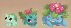 ambiguous_gender bulbasaur chart elemental_creature evolution evolution_chart evolutionary_family fangs feral flora_fauna flower generation_1_pokemon ivysaur level_difference liea markings multiple_images nintendo plant pokemon pokemon_(species) red_eyes size_difference smile solo teeth venusaur