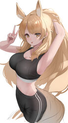  :p absurdres animal_ears arknights arm_up armpits black_pants black_sports_bra blemishine_(arknights) blonde_hair breasts cleavage commentary crop_top female hand_up highres horse_ears large_breasts leggings long_hair looking_at_viewer medium_breasts midriff navel pants smile solo sports_bra standing sthk stomach tongue tongue_out v very_long_hair yellow_eyes 