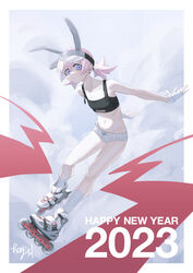  2023 absurdres animal_ears black_sports_bra closed_mouth ear_piercing fake_animal_ears female fingerless_gloves full_body gloves happy_new_year highres kneehighs micro_shorts new_year original piercing pink_hair purple_eyes rabbit_ears roller_skates short_twintails shorts signature skates socks solo sports_bra toxic_ghost twintails visor_cap white_gloves white_shorts white_socks 