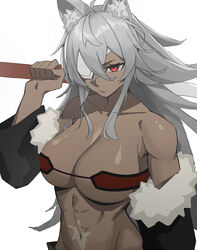  abs animal_ears bandeau breasts cat_ears cat_girl choker commentary dark-skinned_female dark_skin eyepatch female fur-trimmed_jacket fur_trim ghislaine_dedoldia grey_hair highres jacket large_breasts long_hair muscular muscular_female mushoku_tensei red_bandeau red_eyes scar scar_on_cheek scar_on_face scar_on_stomach solo toned ya_ya_qia 