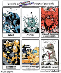  4girls 6+boys autobot beast_wars blackarachnia blue_eyes breasts decepticon english_commentary english_text eric_w_schwartz grimlock helmet highres mask maximal mcdonald&#039;s mecha medium_breasts mouth_mask multiple_boys multiple_drawing_challenge multiple_girls nickel_(transformers) optimus_prime predacon red_eyes robot robot_girl silverbolt six_fanarts_challenge the_transformers_(idw) transformers transformers:_generation_1 transformers:_rescue_bots transformers:_rescue_bots_academy transformers:_revenge_of_the_fallen transformers_(live_action) whirl_(transformers) yellow_eyes 