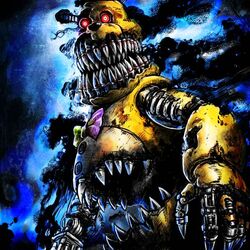  1:1 2015 animatronic anthro bear bow_tie claws detailed_background digital_media_(artwork) five_nights_at_freddy&#039;s five_nights_at_freddy&#039;s_4 fur kuroshio9314 machine male mammal night nightmare_fredbear_(fnaf) red_eyes robot scottgames sharp_teeth solo teeth yellow_body yellow_fur 