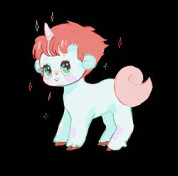  2012 black_background blue_body blue_fur blush digital_drawing_(artwork) digital_media_(artwork) equid equine eyelashes feral fur hair hooves horn lolicon looking_at_viewer male mammal mane osamu_tezuka pink_hair pink_mane sanrio short_hair simple_background smile solo sparkles standing tail unico unico_(series) unicorn white_tail xuh young 