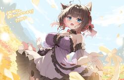  absurdres ahoge animal_ears arm_garter artist_name babydoll bell blue_eyes bow breasts brown_hair cat_ears cat_girl cat_tail chisse-neko choker colored_inner_hair commission criss-cross_halter falling_petals fangs female frilled_babydoll frilled_choker frills halterneck heart heart_ahoge highres indie_virtual_youtuber meadow multicolored_hair neck_bell open_mouth petals piyopoyo purple_babydoll red_bow red_hair second-party_source short_hair skeb_commission sky solo streaked_hair tail tail_bell tail_bow tail_ornament virtual_youtuber yellow_petals 