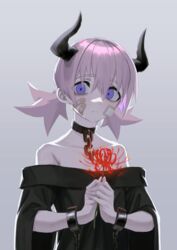  absurdres bandaid bandaid_on_face bare_shoulders black_choker black_horns chains choker closed_mouth female flower gauze gauze_on_cheek grey_background hair_between_eyes highres holding horns looking_at_viewer original pink_hair purple_eyes red_flower short_twintails simple_background solo spider_lily toxic_ghost twintails upper_body 