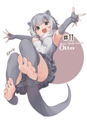  absurdres animal_ears bare_shoulders blush brown_eyes elbow_gloves feet female fingerless_gloves frilled_one-piece_swimsuit frills gloves grey_gloves grey_hair grey_one-piece_swimsuit grey_thighhighs hair_between_eyes highres jknor kemono_friends multicolored_hair no_shoes one-piece_swimsuit open_mouth otter_ears otter_girl otter_tail short_hair sidelocks small-clawed_otter_(kemono_friends) smile soles solo swimsuit tail thighhighs toeless_legwear toes two-tone_hair two-tone_one-piece_swimsuit white_hair white_one-piece_swimsuit 