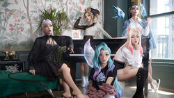  5girls ahri_(league_of_legends) akali animal_ears aqua_eyes aqua_hair asymmetrical_bangs asymmetrical_clothes bare_legs black_dress black_footwear black_hair black_lips black_nails black_shirt black_shorts blonde_hair blue_coat blue_eyes blue_shorts boots breasts center_opening cleavage closed_mouth coat coat_on_shoulders collared_shirt cone_hair_bun crystal_tail demon demon_girl detached_wings diamond_earrings dress drop_earrings earrings evelynn_(league_of_legends) eyeshadow fingernails fishnet_pantyhose fishnets fox fox_ears fox_girl fox_tail full_body green_hair grey_eyeshadow hair_bun hand_in_own_hair hand_on_own_chin hand_on_own_thigh high_heels highres instrument jacket jewelry k/da_(league_of_legends) k/da_all_out_seraphine_superstar kai&#039;sa lashers league_of_legends long_hair long_sleeves looking_at_viewer makeup medium_breasts muju multicolored_hair multiple_girls off_shoulder open_clothes open_jacket pantyhose parted_lips piano picture_frame pink_eyes pink_lips pink_nails ponytail puma purple_hair ring seraphine_(league_of_legends) sharp_fingernails shirt shorts sitting slit_pupils streaked_hair tail the_baddest_ahri the_baddest_akali the_baddest_evelynn the_baddest_kai&#039;sa thigh_boots two-tone_hair very_long_hair wall watch wavy_hair white_footwear white_hair white_shirt white_shorts window wings wristwatch yellow_eyes 