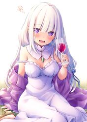  alcohol bare_shoulders blunt_bangs blush breasts bright_pupils cleavage commentary_request cup dress drinking_glass drunk elf emilia_(re:zero) female flower gem green_gemstone hair_flower hair_ornament hair_ribbon high_heels highres holding holding_cup long_hair looking_at_viewer medium_breasts nightgown off_shoulder on_floor open_mouth pointy_ears purple_eyes re:zero_kara_hajimeru_isekai_seikatsu ribbon simple_background sitting solo squeans tarunyan wariza white_background white_hair wine wine_glass 