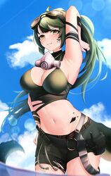  absurdres arknights arm_strap arm_up armpits bare_shoulders black_shorts blue_sky breasts cleavage cloud commentary cowboy_shot crocodilian_tail crop_top day female gavial_(arknights) gavial_the_invincible_(arknights) goggles goggles_on_head green_hair highres large_breasts long_hair mask mask_around_neck material_growth midriff navel oripathy_lesion_(arknights) outdoors ponytail short_shorts shorts sky solo standing stomach tail very_long_hair yan_kodiac yellow_eyes 