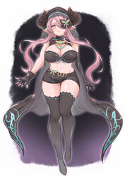  27h_kikyo bare_shoulders bikini black_bikini black_coat black_gloves black_shorts black_thighhighs blue_eyes breasts butterfly_hair_ornament cleavage coat draph female fingerless_gloves full_body gloves granblue_fantasy hair_ornament hair_over_one_eye highres hood horns large_breasts long_hair narmaya_(granblue_fantasy) narmaya_(the_black_butterfly)_(granblue_fantasy) navel official_alternate_costume pointy_ears shorts simple_background solo swimsuit thighhighs thighs 