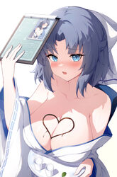  absurdres azur_lane bare_shoulders blue_eyes blue_hair blush breasts breasts_on_tray chocolate chocolate_on_body chocolate_on_breasts cleavage female food_on_body from_above heart highres huge_breasts japanese_clothes kimono long_sleeves looking_at_viewer senran_kagura senran_kagura_shinovi_versus simple_background solo white_background white_kimono wide_sleeves youmi_kong_xiang yumi_(senran_kagura) 