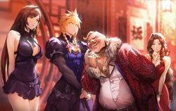  2boys 2girls absurdres aerith_gainsborough aerith_gainsborough_(red_dress) bare_shoulders black_hair blonde_hair blue_dress blush breasts brown_hair cloud_strife cloud_strife_(blue_dress) crescent crescent_earrings crossdressing don_corneo dress earrings english_commentary facial_hair fat fat_man final_fantasy final_fantasy_vii final_fantasy_vii_remake flamenco_dress green_eyes highres jewelry large_breasts long_hair mohawk moustache multiple_boys multiple_girls muscular muscular_male official_alternate_costume purple_dress red_dress red_eyes sleeveless sleeveless_dress smile spiked_hair spykeee tifa_lockhart tifa_lockhart_(refined_dress) ugly_man 