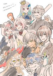  4boys 4girls ^_^ animal_ears animal_hood baseball_bat black_headwear black_jacket black_necktie blonde_hair blue_hair breasts brown_eyes brown_hair closed_eyes collared_shirt crown dark-skinned_female dark_skin dress_shirt fake_animal_ears glasses green_eyes grey_hair grey_jacket grey_shirt grin hair_between_eyes hair_over_one_eye hat holding holding_baseball_bat hood hood_up hooded_jacket ibrahim_(1st_costume)_(nijisanji) ibrahim_(nijisanji) jacket kagami_hayato kagami_hayato_(1st_costume) kuzuha_(1st_costume)_(nijisanji) kuzuha_(nijisanji) large_breasts leos_vincent leos_vincent_(1st_costume) lize_helesta lize_helesta_(1st_costume) long_hair looking_at_viewer mameneko_(leos_vincent) maru_(memoriatechnica) megaphone mini_crown multicolored_hair multiple_boys multiple_girls necktie nijisanji nui_sociere nui_sociere_(1st_costume) open_clothes open_jacket panda_ears panda_hood pink_hair red_eyes sasaki_saku sasaki_saku_(1st_costume) sebastian_piyodore shiina_yuika shiina_yuika_(1st_costume) shirt simple_background smile streaked_hair suit tilted_headwear track_jacket translation_request v-shaped_eyebrows very_long_hair virtual_youtuber white_background white_hair white_jacket white_shirt witch_hat yellow_eyes 