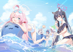  5girls animal_ear_fluff animal_ears ayane_(blue_archive) ayane_(swimsuit)_(blue_archive) ball beachball bikini black_bikini black_hair blue_archive blue_eyes blue_sky breasts cat_ears cloud day eyewear_on_head foreclosure_task_force_(blue_archive) glasses grey_hair hair_between_eyes hair_ribbon halo hoshino_(blue_archive) hoshino_(swimsuit)_(blue_archive) inflatable_toy inflatable_whale large_breasts light_brown_hair long_hair lying medium_breasts multiple_girls nonomi_(blue_archive) nonomi_(swimsuit)_(blue_archive) oerba_yun_fang official_alternate_costume on_stomach one-piece_swimsuit one_eye_closed open_mouth outdoors pink_eyes pink_hair pink_halo pointy_ears red-framed_eyewear ribbon serika_(blue_archive) serika_(swimsuit)_(blue_archive) shiroko_(blue_archive) shiroko_(swimsuit)_(blue_archive) shorts sky small_breasts standing striped_bikini striped_clothes sunglasses swimsuit tautiki twintails very_long_hair water white_bikini wolf_ears yellow_bikini 