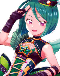  :d bare_shoulders black_gloves character_name cleavage_cutout clothing_cutout female fingerless_gloves fishnets gloves green_hair hand_up hat highres hizuki_(hiduki6121) idol_clothes kiratto_pri_chan looking_at_viewer midorikawa_sara mini_hat open_mouth pink_eyes pink_gemstone pretty_series salute short_hair simple_background smile solo star_(symbol) two-finger_salute upper_body 