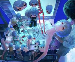  6+girls abstract aged_down aqua_skirt ass asymmetrical_eyes ayanami_rei bandaged_arm bandaged_leg bandages bandages_over_eyes barefoot bident black_bodysuit black_hair black_one-piece_swimsuit black_socks blue_hair bodysuit bra breasts chibi clone completely_nude core evangelion:_3.0+1.0_thrice_upon_a_time expressionless eyeball faceless faceless_female hair_between_eyes hat head_scarf highres ikari_yui ikuta41 interface_headset lab_coat lance_of_longinus_(evangelion) looking_at_another looking_down multiple_girls neck_ribbon neon_genesis_evangelion nude one-piece_swimsuit panties photocopier pilot_suit plugsuit polearm rebuild_of_evangelion red_eyes red_ribbon ribbon ribs school_swimsuit school_uniform science_fiction seele_(evangelion) shirt short_hair size_difference skirt socks spear standing straw_hat surreal swimsuit the_end_of_evangelion through_medium through_screen time_paradox toes tokyo-3_middle_school_uniform underwear underwear_only weapon white_bodysuit white_bra white_footwear white_headwear white_panties white_shirt 