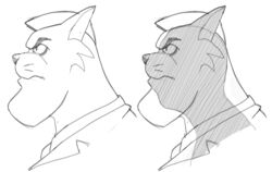  2023 anthro big_chin cheek_tuft clothed clothed_anthro clothed_male clothing commander_feral curved_eyebrows dbaru digital_drawing_(artwork) digital_media_(artwork) domestic_cat eyebrows facial_tuft felid feline felis fur fur_tuft hair hanna-barbera hi_res looking_aside male male_anthro mammal mature_anthro mature_male monochrome mouth_closed prick_ears serious short_hair side_view snout solo swat_kats thick_neck topwear tuft whiskers x-ray_vision 