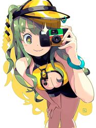  andrewcockroach bracelet breasts camera closed_mouth eyelashes female green_eyes green_hair highres holding holding_camera jewelry large_breasts long_hair looking_at_viewer original pov shorts sleeveless smile solo thighs twintails two_side_up visor_cap 