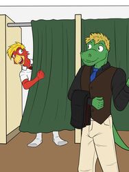  3:4 alligator alligatorid anthro avian bird bottomwear clothed clothing crocodilian curtains duo fitting_room footwear fully_clothed fuze hi_res holding_bottomwear holding_clothing holding_object holding_pants male necktie pants reptile scalie shirt socks topwear tyler_(fuze) vest 