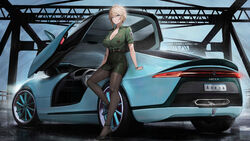  absurdres alina_novikov belt blonde_hair blue_eyes breasts bridge brown_belt car character_name collared_shirt commission concept_art female green_shirt green_skirt grey_sky hatch headlights high_heels highres kcar66t large_breasts leaning_against_vehicle legs license_plate looking_at_viewer medal military_uniform motor_vehicle name_tag open_door open_hatch plate rain road russian_text saab saab_aero_x shirt short_hair short_sleeves skirt sky solo steering_wheel tatakau_ataisuru tattoo thighhighs tomboy uniform watch wristwatch 