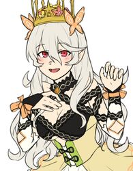  alternate_costume bow breasts butterfly_hair_ornament celine_(fire_emblem) celine_(fire_emblem)_(cosplay) cleavage corrin_(female)_(fire_emblem) corrin_(fire_emblem) cosplay cross-laced_clothes cross-laced_dress crown dress female fire_emblem fire_emblem_engage hair_ornament highres large_breasts orange_bow orange_gemstone orange_wristband princess red_eyes solo wrist_bow yellow_dress zuzu_(ywpd8853) 